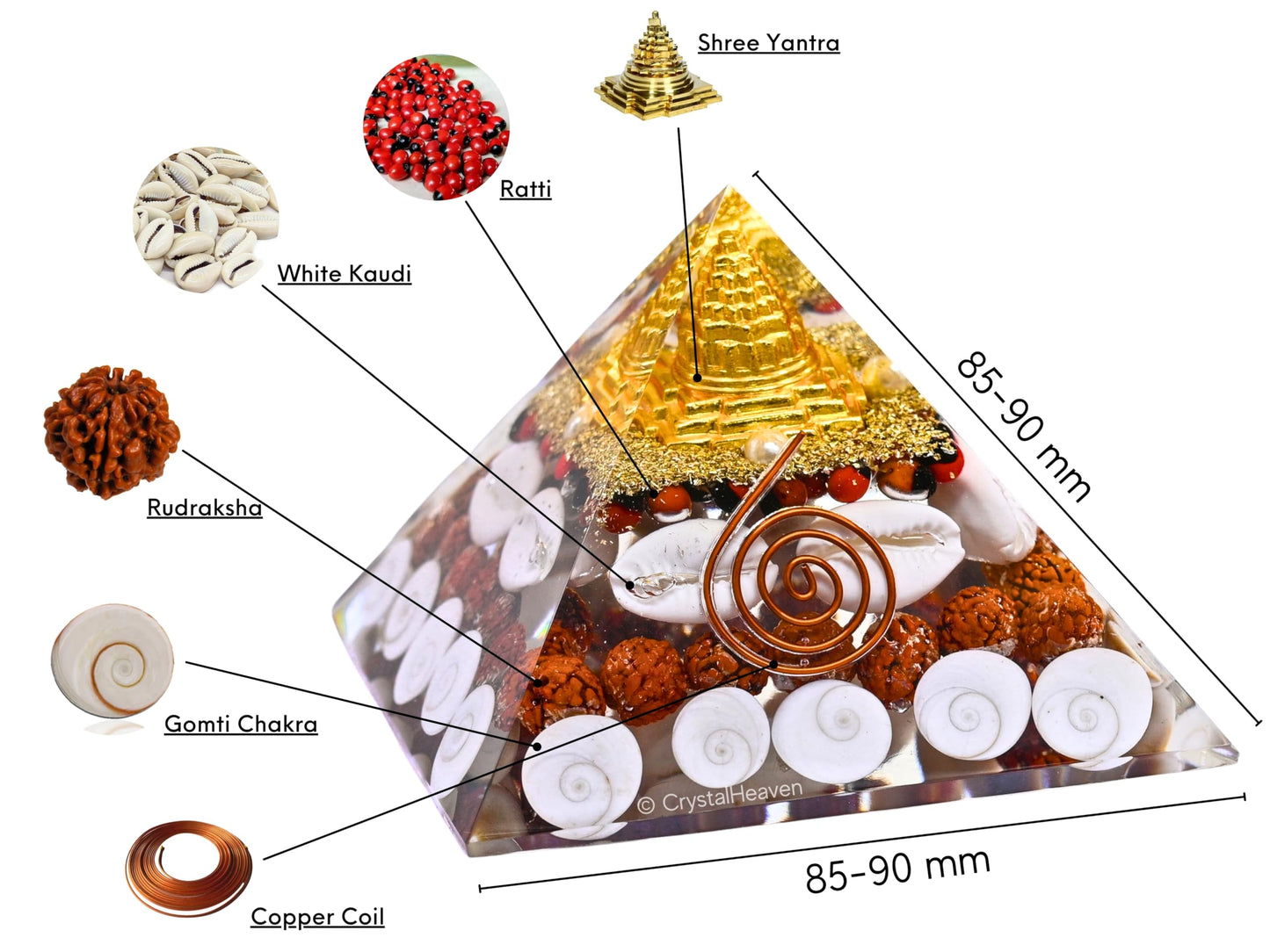 Laxmi Orgonite Pyramid – 90mm Shree Yantra with Gomti Chakra, Rudraksha & Cowrie for Wealth & Good Luck