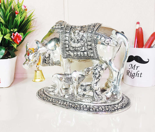 KridayKraft Kamdhenu Cow & Calf with Bal Gopal Krishna Idol – Decorative Spiritual Showpiece for Home & Office