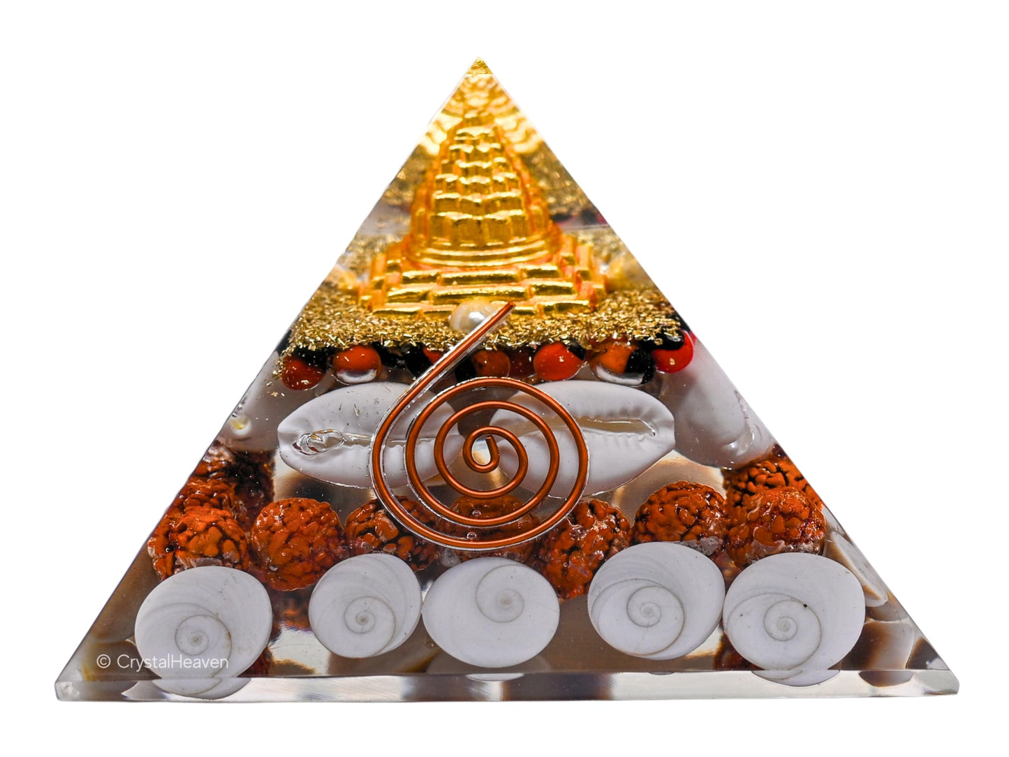 Laxmi Orgonite Pyramid – 90mm Shree Yantra with Gomti Chakra, Rudraksha & Cowrie for Wealth & Good Luck