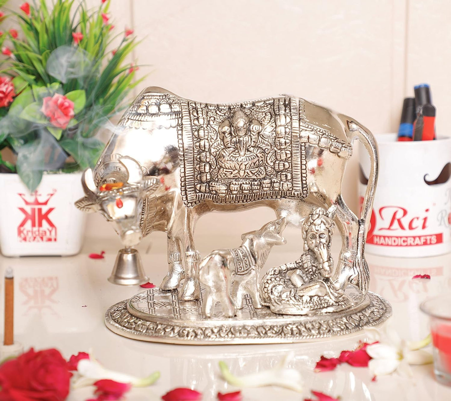 KridayKraft Kamdhenu Cow & Calf with Bal Gopal Krishna Idol – Decorative Spiritual Showpiece for Home & Office