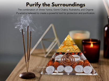 Laxmi Orgonite Pyramid – 90mm Shree Yantra with Gomti Chakra, Rudraksha & Cowrie for Wealth & Good Luck