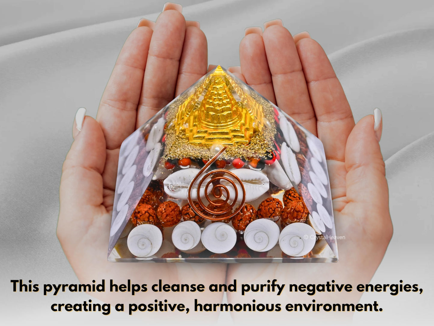 Laxmi Orgonite Pyramid – 90mm Shree Yantra with Gomti Chakra, Rudraksha & Cowrie for Wealth & Good Luck