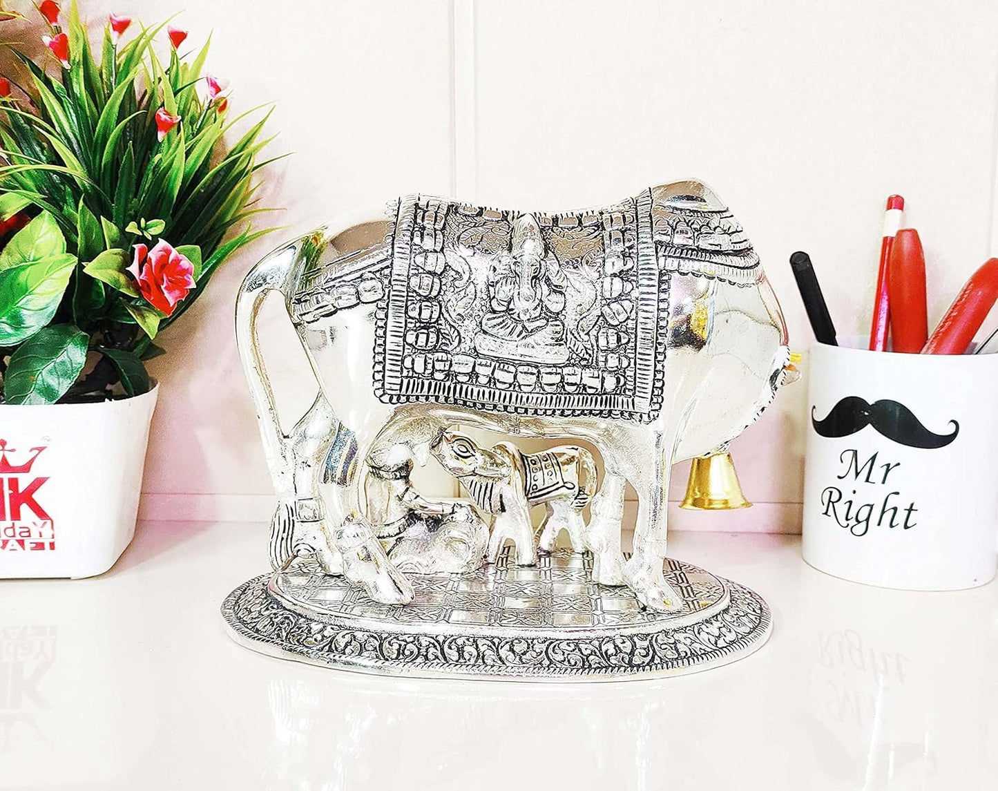 KridayKraft Kamdhenu Cow & Calf with Bal Gopal Krishna Idol – Decorative Spiritual Showpiece for Home & Office