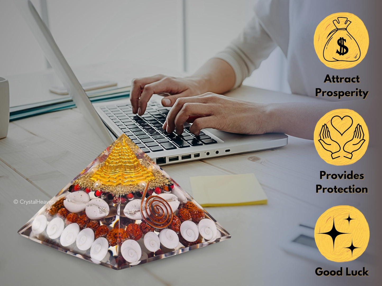 Laxmi Orgonite Pyramid – 90mm Shree Yantra with Gomti Chakra, Rudraksha & Cowrie for Wealth & Good Luck