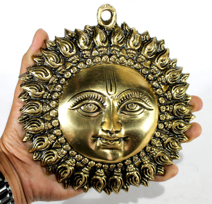 StonKraft Brass Wall Hanging Sun Face Idol | Surya Dev Bhagwan Metal Wall Decor | Art Sculpture for Home & Office Decor for Positivity, House Warming Gift – 6.25 Inches, Golden