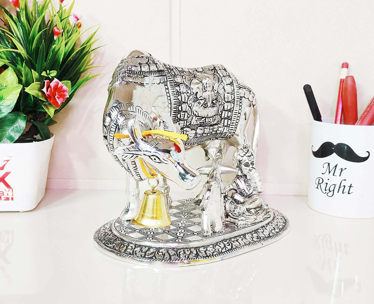 KridayKraft Kamdhenu Cow & Calf with Bal Gopal Krishna Idol – Decorative Spiritual Showpiece for Home & Office